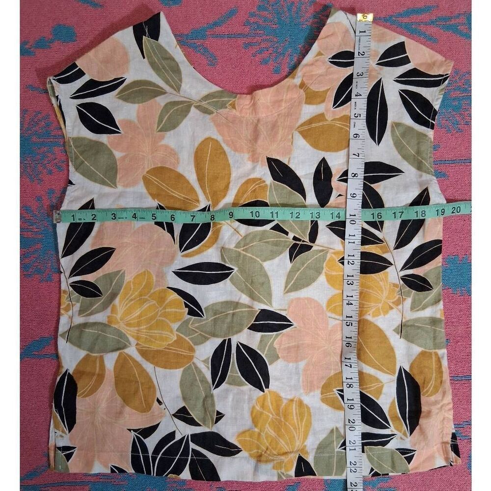 Rachel Zoe womens small 100% linen boxy top mustard yellow green floral blouse - Picture 2 of 8